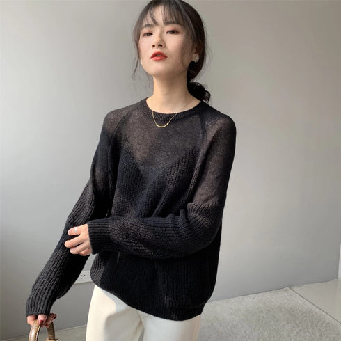 Loose Micro-Openwork Round Neck Pullover